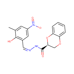 Cc1cc([N+](=O)[O-])cc(/C=N\NC(=O)[C@@H]2COc3ccccc3O2)c1O ZINC000013617538