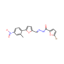 Cc1cc([N+](=O)[O-])ccc1-c1ccc(/C=N/NC(=O)c2ccc(Br)o2)o1 ZINC000000676200