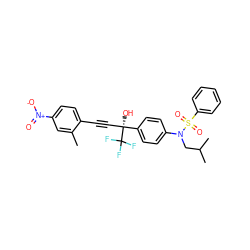 Cc1cc([N+](=O)[O-])ccc1C#C[C@@](O)(c1ccc(N(CC(C)C)S(=O)(=O)c2ccccc2)cc1)C(F)(F)F ZINC000084689352