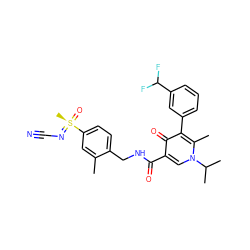 Cc1cc([S@@](C)(=O)=NC#N)ccc1CNC(=O)c1cn(C(C)C)c(C)c(-c2cccc(C(F)F)c2)c1=O ZINC000149903363