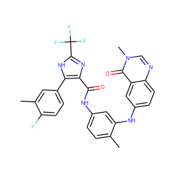 Cc1cc(-c2[nH]c(C(F)(F)F)nc2C(=O)Nc2ccc(C)c(Nc3ccc4ncn(C)c(=O)c4c3)c2)ccc1F ZINC000049745959