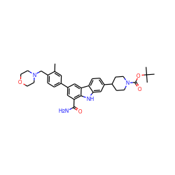 Cc1cc(-c2cc(C(N)=O)c3[nH]c4cc(C5CCN(C(=O)OC(C)(C)C)CC5)ccc4c3c2)ccc1CN1CCOCC1 ZINC000113262047