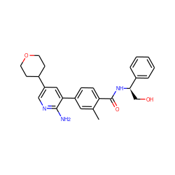 Cc1cc(-c2cc(C3CCOCC3)cnc2N)ccc1C(=O)N[C@H](CO)c1ccccc1 ZINC001772650466