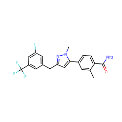 Cc1cc(-c2cc(Cc3cc(F)cc(C(F)(F)F)c3)nn2C)ccc1C(N)=O ZINC000199542976