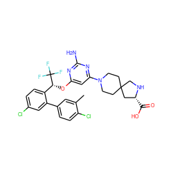 Cc1cc(-c2cc(Cl)ccc2[C@@H](Oc2cc(N3CCC4(CC3)CN[C@H](C(=O)O)C4)nc(N)n2)C(F)(F)F)ccc1Cl ZINC001772634896