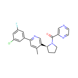 Cc1cc(-c2cc(F)cc(Cl)c2)ncc1[C@@H]1CCCN1C(=O)c1cnccn1 ZINC000072176740