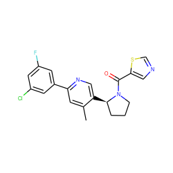 Cc1cc(-c2cc(F)cc(Cl)c2)ncc1[C@@H]1CCCN1C(=O)c1cncs1 ZINC000072176661