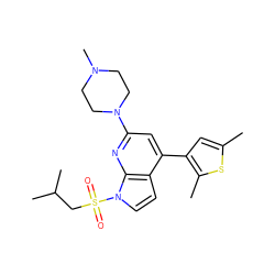 Cc1cc(-c2cc(N3CCN(C)CC3)nc3c2ccn3S(=O)(=O)CC(C)C)c(C)s1 ZINC000653842855