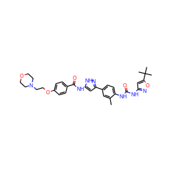 Cc1cc(-c2cc(NC(=O)c3ccc(OCCN4CCOCC4)cc3)[nH]n2)ccc1NC(=O)Nc1cc(C(C)(C)C)on1 ZINC000096270657