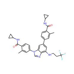 Cc1cc(-c2cc(NCCC(F)(F)F)c3ncn(-c4ccc(C(=O)NC5CC5)c(C)c4)c3c2)ccc1C(=O)NC1CC1 ZINC000147574578