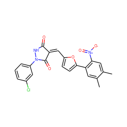 Cc1cc(-c2ccc(/C=C3/C(=O)NN(c4cccc(Cl)c4)C3=O)o2)c([N+](=O)[O-])cc1C ZINC000015659837