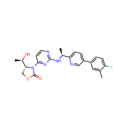 Cc1cc(-c2ccc([C@H](C)Nc3nccc(N4C(=O)OC[C@@H]4[C@@H](C)O)n3)nc2)ccc1F ZINC000218119090