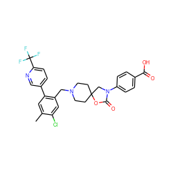 Cc1cc(-c2ccc(C(F)(F)F)nc2)c(CN2CCC3(CC2)CN(c2ccc(C(=O)O)cc2)C(=O)O3)cc1Cl ZINC000144546886