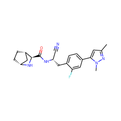 Cc1cc(-c2ccc(C[C@@H](C#N)NC(=O)[C@H]3N[C@@H]4CC[C@H]3C4)c(F)c2)n(C)n1 ZINC000219323362