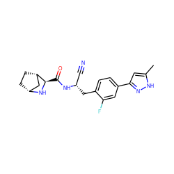 Cc1cc(-c2ccc(C[C@@H](C#N)NC(=O)[C@H]3N[C@@H]4CC[C@H]3C4)c(F)c2)n[nH]1 ZINC000219319637