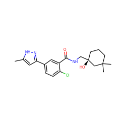 Cc1cc(-c2ccc(Cl)c(C(=O)NC[C@]3(O)CCCC(C)(C)C3)c2)n[nH]1 ZINC000043076650