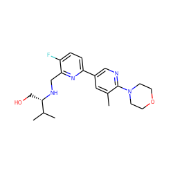 Cc1cc(-c2ccc(F)c(CN[C@@H](CO)C(C)C)n2)cnc1N1CCOCC1 ZINC000204408535