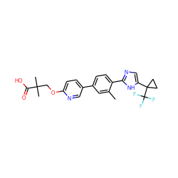 Cc1cc(-c2ccc(OCC(C)(C)C(=O)O)nc2)ccc1-c1ncc(C2(C(F)(F)F)CC2)[nH]1 ZINC000218545015