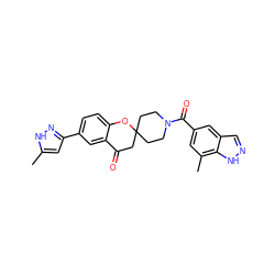 Cc1cc(-c2ccc3c(c2)C(=O)CC2(CCN(C(=O)c4cc(C)c5[nH]ncc5c4)CC2)O3)n[nH]1 ZINC000049067983