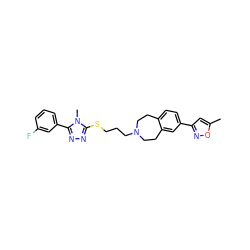 Cc1cc(-c2ccc3c(c2)CCN(CCCSc2nnc(-c4cccc(F)c4)n2C)CC3)no1 ZINC000028712476