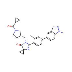 Cc1cc(-c2ccc3c(cnn3C)c2)ccc1C1=NC2(CC2)C(=O)N1C[C@@H]1CCN(C(=O)C2CC2)C1 ZINC000207718556