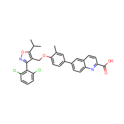 Cc1cc(-c2ccc3nc(C(=O)O)ccc3c2)ccc1OCc1c(-c2c(Cl)cccc2Cl)noc1C(C)C ZINC000066157567