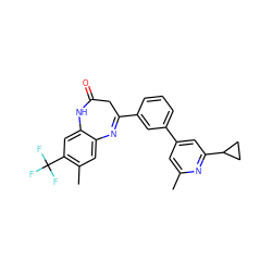 Cc1cc(-c2cccc(C3=Nc4cc(C)c(C(F)(F)F)cc4NC(=O)C3)c2)cc(C2CC2)n1 ZINC000101383242