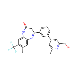 Cc1cc(-c2cccc(C3=Nc4cc(C)c(C(F)(F)F)cc4NC(=O)C3)c2)cc(CO)n1 ZINC000101383353