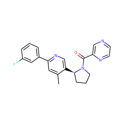 Cc1cc(-c2cccc(F)c2)ncc1[C@@H]1CCCN1C(=O)c1cnccn1 ZINC000072176015