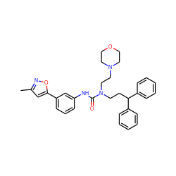 Cc1cc(-c2cccc(NC(=O)N(CCC(c3ccccc3)c3ccccc3)CCN3CCOCC3)c2)on1 ZINC000095601793