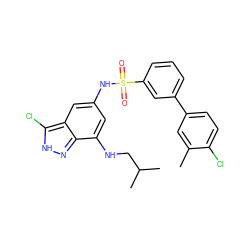 Cc1cc(-c2cccc(S(=O)(=O)Nc3cc(NCC(C)C)c4n[nH]c(Cl)c4c3)c2)ccc1Cl ZINC000013531403