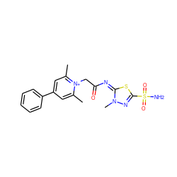 Cc1cc(-c2ccccc2)cc(C)[n+]1CC(=O)/N=c1/sc(S(N)(=O)=O)nn1C ZINC000013804383