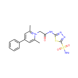 Cc1cc(-c2ccccc2)cc(C)[n+]1CC(=O)Nc1nnc(S(N)(=O)=O)s1 ZINC000013804372