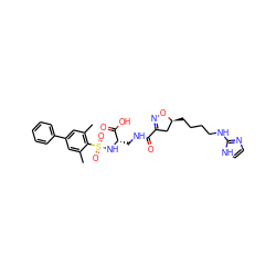 Cc1cc(-c2ccccc2)cc(C)c1S(=O)(=O)N[C@@H](CNC(=O)C1=NO[C@@H](CCCCNc2ncc[nH]2)C1)C(=O)O ZINC000027311962