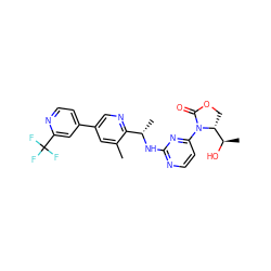 Cc1cc(-c2ccnc(C(F)(F)F)c2)cnc1[C@H](C)Nc1nccc(N2C(=O)OC[C@@H]2[C@@H](C)O)n1 ZINC000221663588