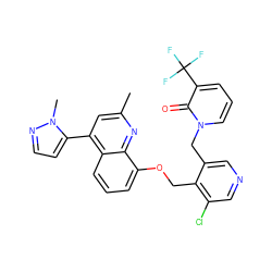 Cc1cc(-c2ccnn2C)c2cccc(OCc3c(Cl)cncc3Cn3cccc(C(F)(F)F)c3=O)c2n1 ZINC000043120095