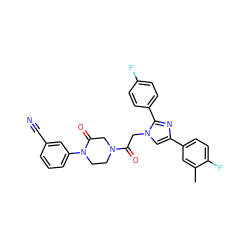 Cc1cc(-c2cn(CC(=O)N3CCN(c4cccc(C#N)c4)C(=O)C3)c(-c3ccc(F)cc3)n2)ccc1F ZINC000096284545