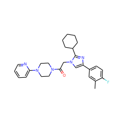 Cc1cc(-c2cn(CC(=O)N3CCN(c4ccccn4)CC3)c(C3CCCCC3)n2)ccc1F ZINC000096284536