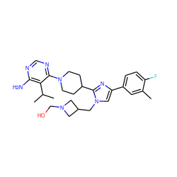 Cc1cc(-c2cn(CC3CN(CO)C3)c(C3CCN(c4ncnc(N)c4C(C)C)CC3)n2)ccc1F ZINC001772644964