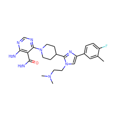 Cc1cc(-c2cn(CCN(C)C)c(C3CCN(c4ncnc(N)c4C(N)=O)CC3)n2)ccc1F ZINC001772576379