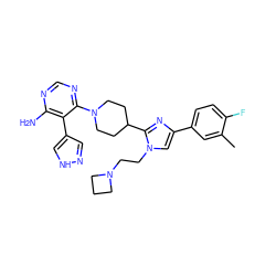 Cc1cc(-c2cn(CCN3CCC3)c(C3CCN(c4ncnc(N)c4-c4cn[nH]c4)CC3)n2)ccc1F ZINC000218692006