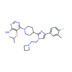 Cc1cc(-c2cn(CCN3CCC3)c(C3CCN(c4ncnc(N)c4OC(C)C)CC3)n2)ccc1F ZINC000218689599