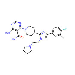 Cc1cc(-c2cn(CCN3CCCC3)c(C3CCN(c4ncnc(N)c4C(N)=O)CC3)n2)ccc1F ZINC000219734244