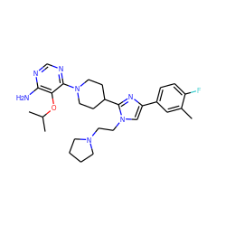 Cc1cc(-c2cn(CCN3CCCC3)c(C3CCN(c4ncnc(N)c4OC(C)C)CC3)n2)ccc1F ZINC000219782098