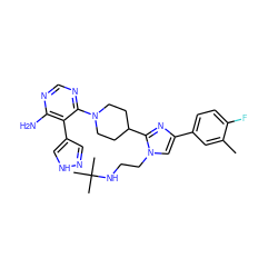 Cc1cc(-c2cn(CCNC(C)(C)C)c(C3CCN(c4ncnc(N)c4-c4cn[nH]c4)CC3)n2)ccc1F ZINC000218722706