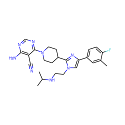 Cc1cc(-c2cn(CCNC(C)C)c(C3CCN(c4ncnc(N)c4C#N)CC3)n2)ccc1F ZINC000218687850