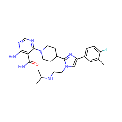 Cc1cc(-c2cn(CCNC(C)C)c(C3CCN(c4ncnc(N)c4C(N)=O)CC3)n2)ccc1F ZINC000219097625