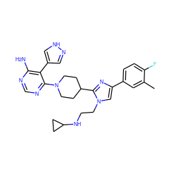 Cc1cc(-c2cn(CCNC3CC3)c(C3CCN(c4ncnc(N)c4-c4cn[nH]c4)CC3)n2)ccc1F ZINC000218686459