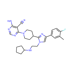 Cc1cc(-c2cn(CCNC3CCCC3)c(C3CCN(c4ncnc(N)c4C#N)CC3)n2)ccc1F ZINC000218722203