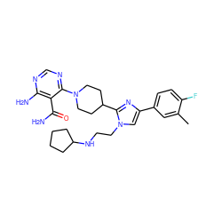 Cc1cc(-c2cn(CCNC3CCCC3)c(C3CCN(c4ncnc(N)c4C(N)=O)CC3)n2)ccc1F ZINC000206948973